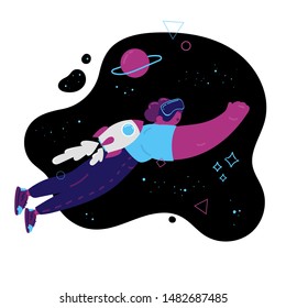 Virtual reality concept. Enthusiastic young man wears VR, virtual reality goggles, glasses and was in space. Young man flying with rocket. Vector illustration