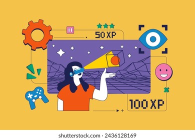 Virtual reality concept in flat neo brutalism design for web. Woman in VR headset interacting with simulation space, cyber gaming. Vector illustration for social media banner, marketing material.