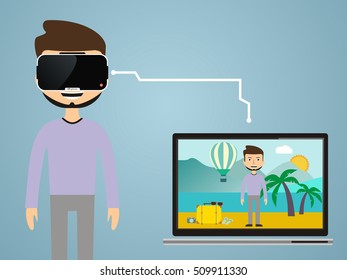 Virtual reality concept in flat style. VR gaming. Man wearing glasses augmented reality. VR travel.