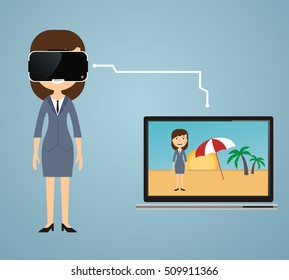 Virtual reality concept in flat style. VR gaming. woman wearing glasses augmented reality. vr travel.