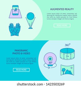 Virtual reality concept flyer templates in line style. Modern computer technology symbols. Vector illustration with place for text.