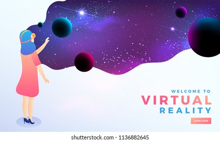 Virtual Reality concept with a girl interacting with imaginary universe through VR glasses. Hero banner design. 