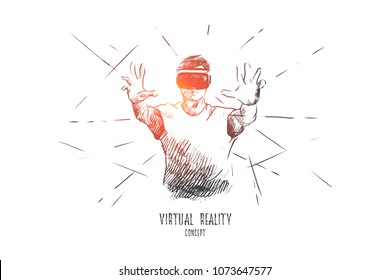 Virtual reality concept. Hand drawn person with virtual reality glasses. Man using virtual reality headset isolated vector illustration.