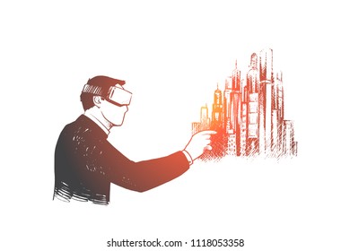 Virtual reality concept. Hand drawn man with virtual reality headset looking on abstract modern city isolated vector illustration.