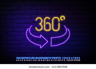 Virtual reality concept icon in neon style. Modern computer technologies symbols including 360 degree video, augmented reality, 3d modeling. Vector illustration.