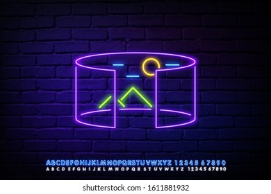 Virtual reality concept icon in neon style. Modern computer technologies symbols including 360 degree video, augmented reality, 3d modeling. Vector illustration.