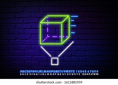 Virtual reality concept icon in neon style. Neon surround the cube in motion. 3d modeling. Vector illustration.