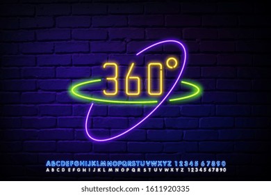 Virtual reality concept icon in neon style. Modern computer technologies symbols including 360 degree video, augmented reality, 3d modeling. Vector illustration.