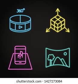 Virtual reality concept icon set in neon style. Modern computer technologies symbols including 360 degree video, augmented reality, 3d modeling. Vector illustration.