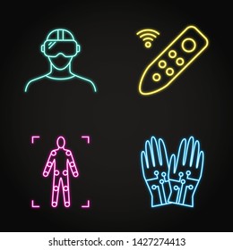 Virtual reality concept icon set in neon line style. Modern computer technologies symbols including VR headset, wired gloves, remote controller. Vector illustration.