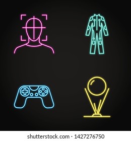 Virtual reality concept icon set in neon line style. Modern computer technologies symbols including cybersuit, holographic object, head tracking. Vector illustration.