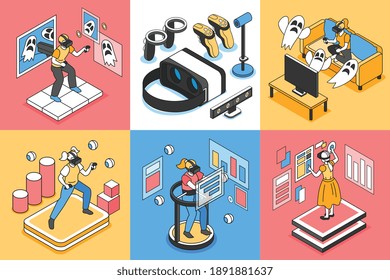 Iconos de concepto de realidad virtual ajustados con símbolos de ilusión VR ilustración vectorial aislada isométrica