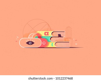 Virtual reality concept illustrated future of VR. Online education. Vector illustration in flat style with grain texture.
