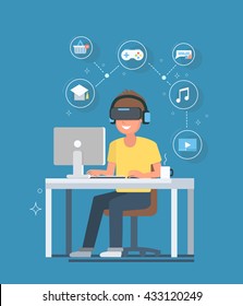 Virtual reality concept illustrated future of VR. Man with virtual reality glasses and headset sitting at a computer desk. Vector illustration.