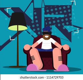 Virtual reality concept illustration. The guy is sitting in a chair with glasses VR in flat style. Behind him the inscription VR (Virtual Reality) Vector illustration cartoon style