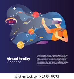 La ilustración de concepto de Realidad Virtual con el hombre usando caja VR y galaxia apareció con experiencia interactiva