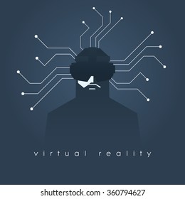 Virtual reality concept illustration with man and headset glasses. Dark background, lines as symbol of internet connection. Eps10 vector illustration.