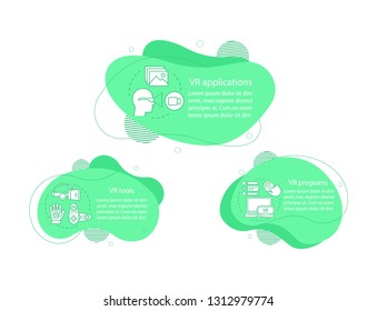 Virtual reality concept illustrations. VR apps, tools, programs infographic template. Fluid elements with text, linear icons. Three wavy bubbles steps. Presentation, banner report vector cliparts