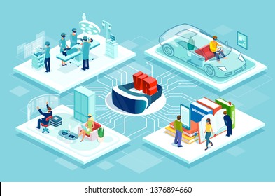 Virtual Reality Concept. Isometric Vector Flowchart Poster With Vr Controller Car Racing Game, Online Education And Shopping, Medical Surgery Training Activities 