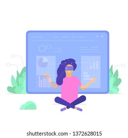 Virtual reality concept for landing page design with character of woman wearing goggle headset and touching vr interface, learning and interacting with imaginary or virtual world. Vector VR glasses