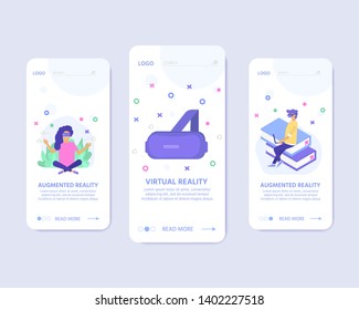 Virtual reality concept for landing page design with character of people wearing goggle headset and touching vr interface