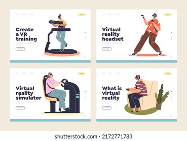 Virtual reality concept of landing pages template set. People in 3d vr glasses playing video games and training. Using of modern goggles for gaming and sport. Cartoon flat vector illustration
