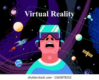 Virtual Reality concept with a man interacting with imaginary universe through VR glasses. Vector illustration.