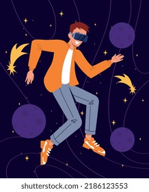Virtual reality concept. Man in space or universe. Astronomy and astrology. Modern technologies and innovations, Gadgets and devices, futuristic posters or banners. Cartoon flat vector illustration