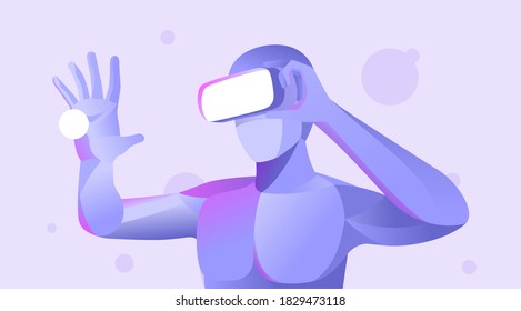 Virtual reality concept, Man wearing virtual reality headset and looking at abstract sphere. Colorful vr world. Vector illustration