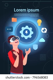 Virtual Reality Concept Man Wearing Vr Headset Glasses Touching Digital Business Icons Flat Vector Illustration