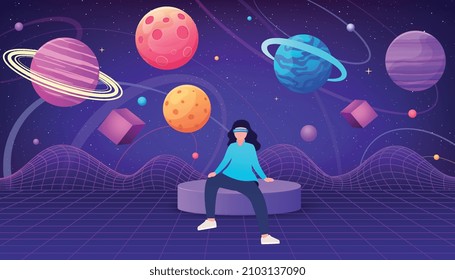 Virtual reality concept, metaverse. Girl in virtual reality glasses in space among planets.