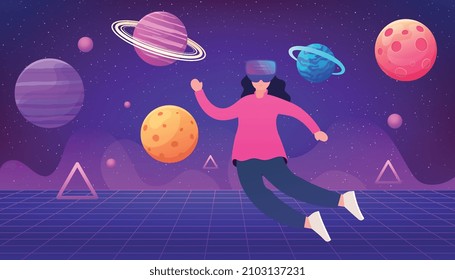 Virtual reality concept, metaverse. Girl in a VR helmet flies in space among the planets.