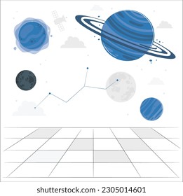 Virtual reality concept, metaverse.  virtual reality glasses in space among planets.