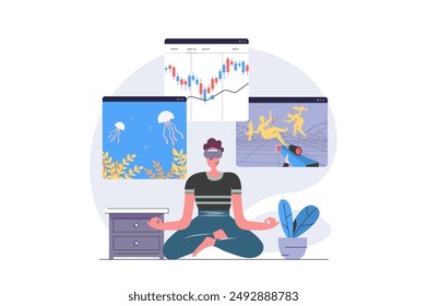 Virtual reality concept in modern flat design for web. Man in VR headset paying shooter game and online aquarium, working with data graph analysis on augmented screens simulation. Vector illustration.
