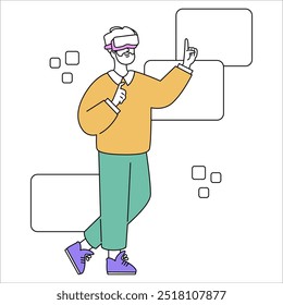 Virtual reality concept. Modern man interacting with a futuristic interface, exploring VR technology. Simplified style and minimal shapes. Vector illustration.