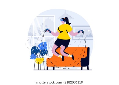 Virtual reality concept with people scene in flat cartoon design. Woman in VR glasses with controllers jumping through virtual simulation of skipping rope. Vector illustration visual story for web
