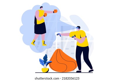Virtual reality concept with people scene in flat cartoon design. Man in VR glasses interacting with using controllers for boxing at competition simulation. Vector illustration visual story for web