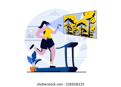 Virtual reality concept with people scene in flat cartoon design. Woman in VR glasses interacting with video screen in cyberspace while running on treadmill. Vector illustration visual story for web