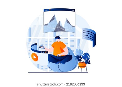 Virtual reality concept with people scene in flat cartoon design. Man in VR glasses using controllers for interacting with dashboards and watching content. Vector illustration visual story for web