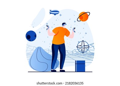 Virtual reality concept with people scene in flat cartoon design. Man in VR glasses using controllers for research and interacting with planets in simulation. Vector illustration visual story for web