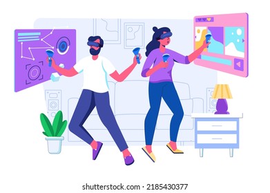 Virtual reality concept with people scene for web. Woman and man in VR glasses using controllers for creating arts or interact with data dashboards. Vector illustration in flat perspective design