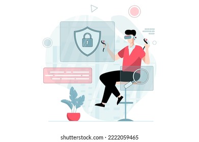 Concepto de realidad virtual con escena de personas en diseño plano. Hombre con gafas VR aprendiendo y usando controladores para interactuar con el sistema de protección. Ilustración de vector con situación de caracteres para web