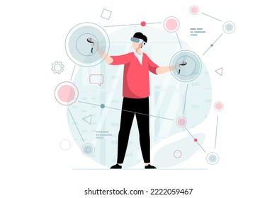 Virtual reality concept with people scene in flat design. Man in VR glasses uses controllers to interact with objects in augmented reality. Vector illustration with character situation for web