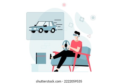 Virtual reality concept with people scene in flat design. Man in VR glasses play game with augmented reality and drive car in the metaverse. Vector illustration with character situation for web