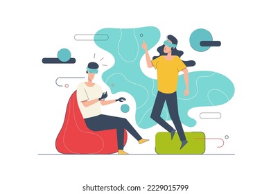 Concepto de realidad virtual con escenas de personas en diseño de caricaturas planas. Hombre y mujer con gafas VR interactúa con la realidad aumentada en el mundo virtual. Ilustración de vector con situación de caracteres para web