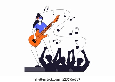 Virtual reality concept with people scene in flat outline design. Woman in VR headset playing guitar and performs in concert simulation. Vector illustration with line character situation for web