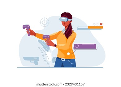 Virtual reality concept with people scene in the flat cartoon style. A girl plays a video game in virtual reality. Vector illustration.