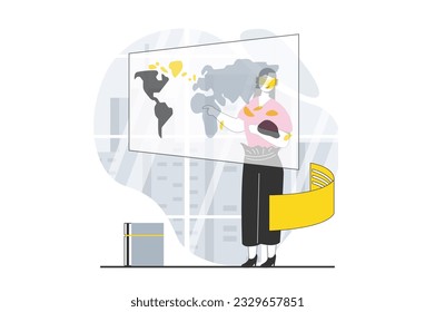 Virtual reality concept with people scene in flat design for web. Woman in VR headset working and interacting with screen in metaverse. Vector illustration for social media banner, marketing material.