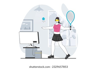 Virtual reality concept with people scene in flat design for web. Woman in VR headset playing tennis and training for cyber sports. Vector illustration for social media banner, marketing material.