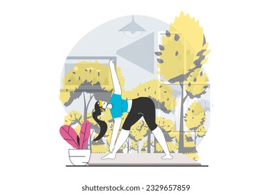 Virtual reality concept with people scene in flat design for web. Woman in VR headset does yoga asana with forest hologram simulation. Vector illustration for social media banner, marketing material.